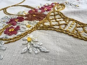 Vintage Embroidered Linen Doily | Floral Crochet Lace Table Topper